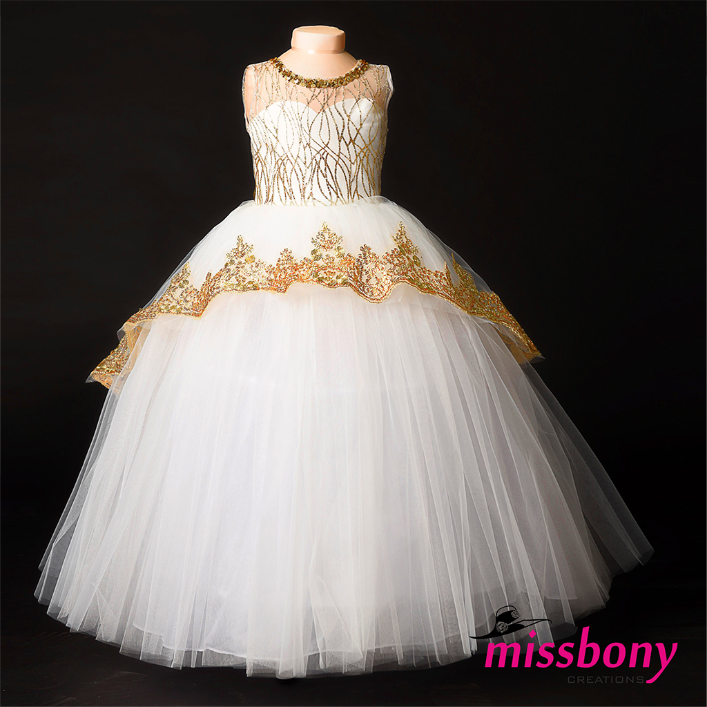 Childrens' gold lace, puffy formal dress KALINA